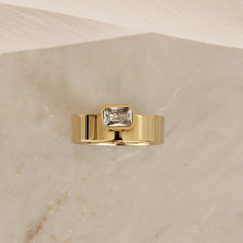 CZ Bezel Band Ring: Silver / Emerald Cut / 8